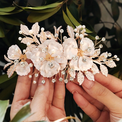 Pettine per Capelli Vintage in Lega con Fiori e Foglie Sposa Matrimonio Strass Perla Artificiale Elegante Gioielli per Capelli