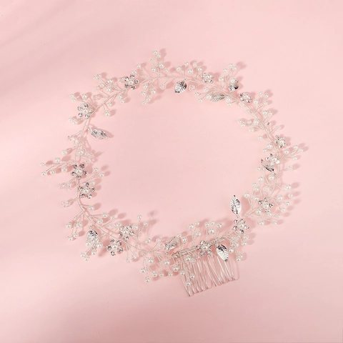 Pettine per Capelli da Sposa Fatto a Mano in Lega d'Argento con Foglie e Perle Artificiali Strass Accessori Capelli Matrimonio Donna