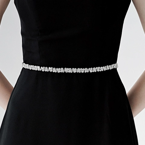 Elegant Rhinestone Bridal Waist Chain Silver Metal Double Row Crystal Wedding Dress Sash With White Satin Ribbon For Women