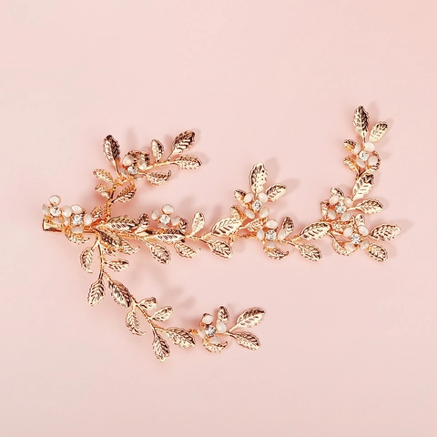 Vintage Golden Alloy Leaf Floral Hair Clip With Artificial Pearl Rhinestone Bridal Wedding Party Forest Hair Accessories
