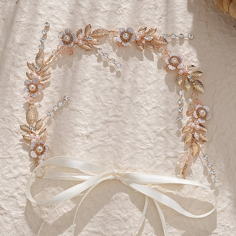 Cerchietto da Sposa Vintage in Lega d'Oro con Fiori e Foglie con Strass e Perle Artificiali Vite per Capelli Fatta a Mano da Donna