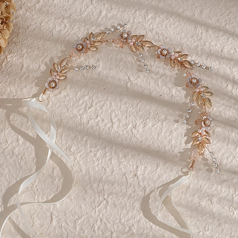 Cerchietto da Sposa Vintage in Lega d'Oro con Fiori e Foglie con Strass e Perle Artificiali Vite per Capelli Fatta a Mano da Donna