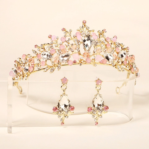 Baroque Gold Rhinestone Crown And Earrings Pink Crystal Bridal Headpiece Wedding Party Jewelry For Women