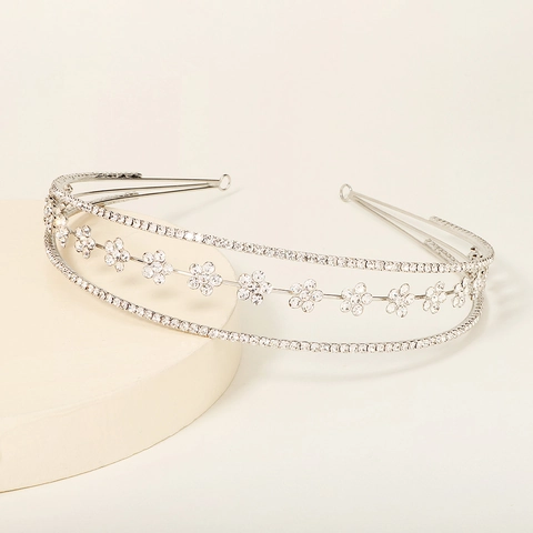 Elegant Three-Layer Bridal Flower Headband Rhinestones Silver Plated Copper Hair Band For Wedding Party Birthday Women