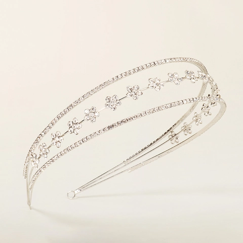 Elegant Three-Layer Bridal Flower Headband Rhinestones Silver Plated Copper Hair Band For Wedding Party Birthday Women