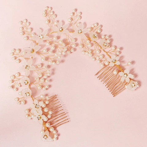 Pettine per Capelli da Sposa Fatto a Mano in Lega Oro con Fiori Künstliche Perle d'Imitazione Strass Gioielli per Matrimonio Donna Elegante