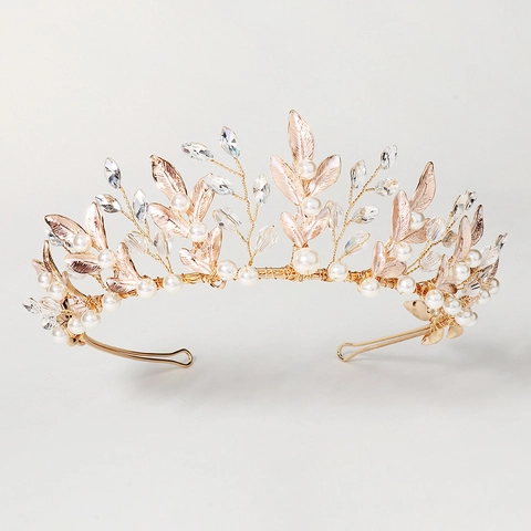 Corona da Sposa in Lega Stile Foresta Fatta a Mano Con Künstliche Perle d'Imitazione e Cristalli Design a Foglia Elegante Tiara Festa Donna