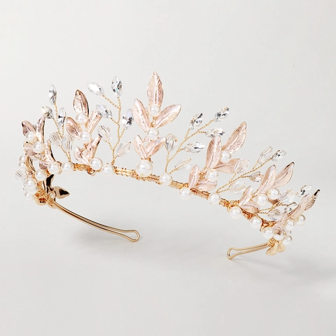 Corona da Sposa in Lega Stile Foresta Fatta a Mano Con Künstliche Perle d'Imitazione e Cristalli Design a Foglia Elegante Tiara Festa Donna