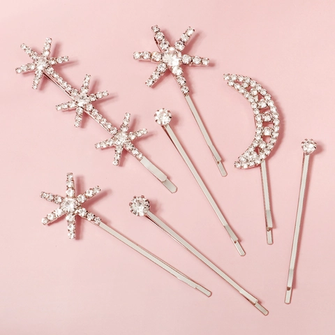 Fermagli per Capelli Stella e Luna con Strass in Stile Coreano in Lega d'Argento Forcine Laterali Geometriche per Donna Gioielli