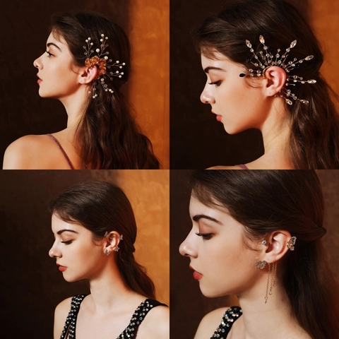 Handmade Flower Artificial Pearl Ear Cuff Rhinestone Leaf Earrings Gold Silver No Pierced Forest Style Bridal Wedding Jewelry For Women