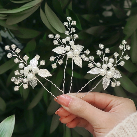 Forcine per Capelli Sposa Argento Fatte a Mano con Künstliche Perle d'Imitazione Strass Foglia Eleganti Accessori Capelli Matrimonio