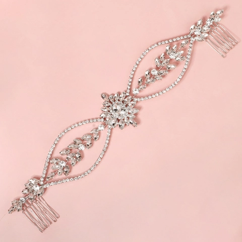 Peigne à Cheveux Mariée de Luxe en Alliage d'Argent avec Strass Vintage Floral Feuille Mariage Fête Femme Bijoux