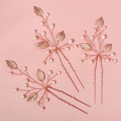 Forcine per Capelli da Sposa Oro Rosa Foglia Strass Künstliche Perle Finte Forcella Capelli per Matrimonio Festa Donna Gioielli