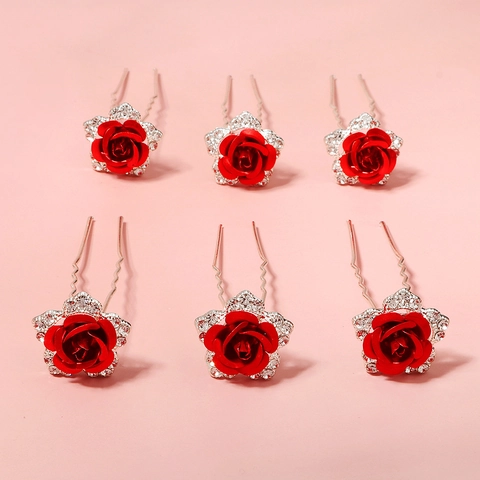Bacchette per Capelli con Rosa Rossa e Strass per Donna Matrimonio Sposa Lega Fiore Forcine a U Eleganti Accessori per Capelli