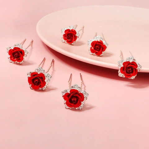 Bacchette per Capelli con Rosa Rossa e Strass per Donna Matrimonio Sposa Lega Fiore Forcine a U Eleganti Accessori per Capelli