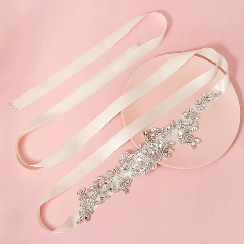 Bridal Wedding Sash Belt With Rhinestone Flower Leaf Pattern Ivory White Satin Ribbon For Bride Evening Party Formal Dress Accessories