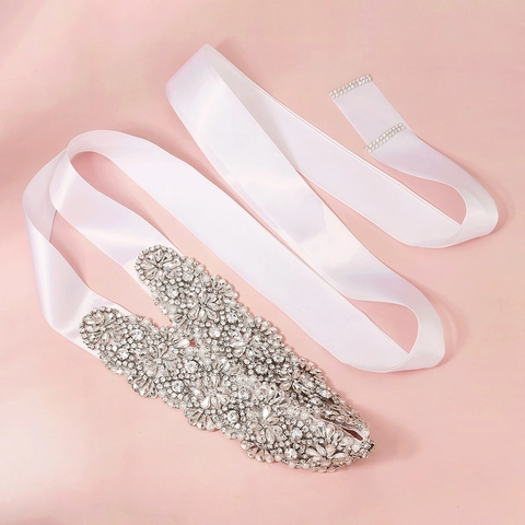 Luxury Rhinestone Bridal Belt Handmade Wedding Sash For Dress White Satin Ribbon With Artificial Pearl Floral Evening Gown Accessory