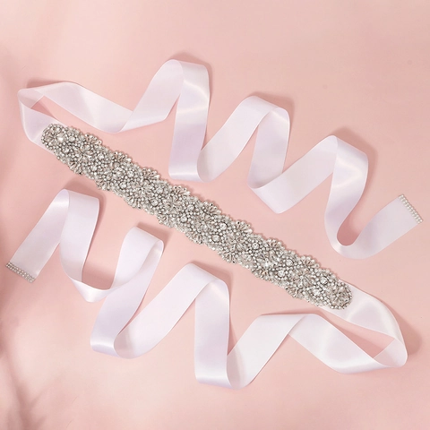 Luxury Rhinestone Bridal Belt Handmade Wedding Sash For Dress White Satin Ribbon With Artificial Pearl Floral Evening Gown Accessory