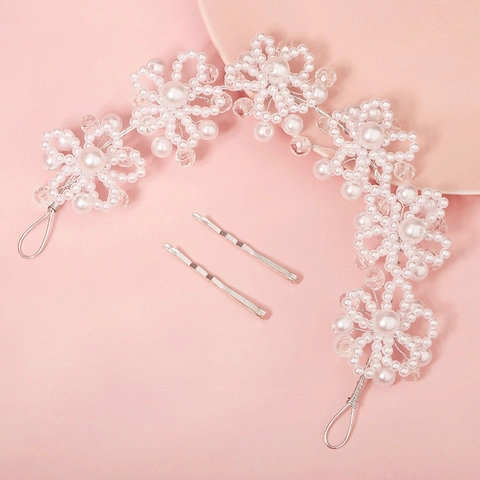 Fascia per Capelli da Sposa a Fiori Fatta a Mano Stile Coreano Elegante Perla Artificiale Strass Copricapo da Sposa per Donna Festa