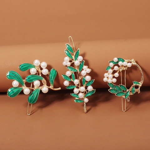 Fermaglio per Capelli Vintage Natale Oro Lega Smalto Foglia Verde Perla Artificiale Trio Elegante Festa Matrimonio Accessori Capelli Donna