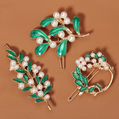 Fermaglio per Capelli Vintage Natale Oro Lega Smalto Foglia Verde Perla Artificiale Trio Elegante Festa Matrimonio Accessori Capelli Donna