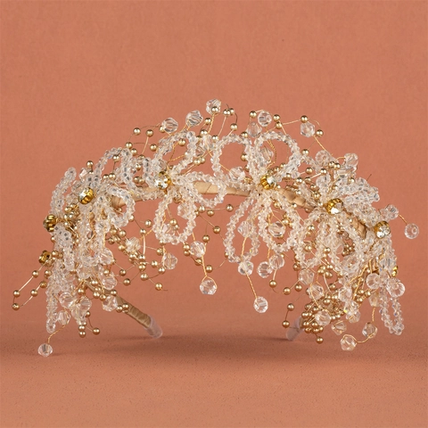Cerchietto a Corona da Sposa Fatto a Mano in Lega d'Oro Strass Perle Artificiali Cristallo Perlato Fiori Accessori per Capelli