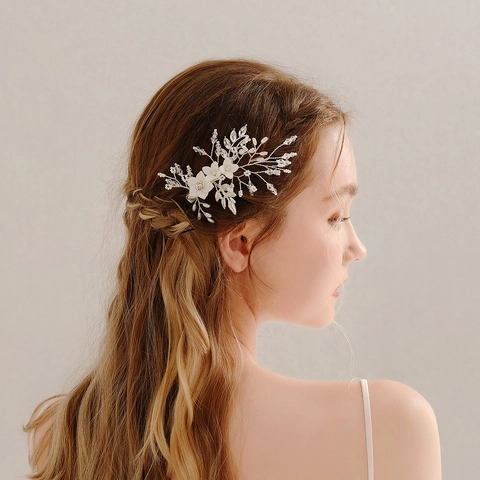 Fermaglio per Capelli Sposa Fatto a Mano Fiori in Pasta di Mais Bianchi Strass Perla Artificiale per Matrimonio Festa