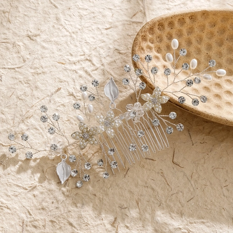 Elegante Pettine per Capelli da Sposa Fatto a Mano in Lega Foglia Strass Perla Artificiale Copricapo da Sposa Accessori per Capelli Vintage per Donna