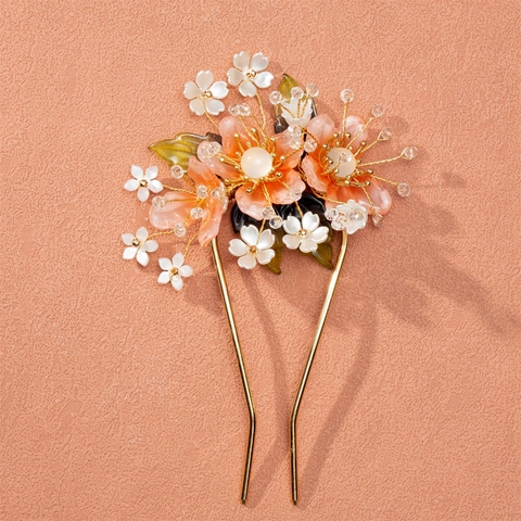Bastoncino per Capelli in Resina Vintage per Donna Stile Antico Fiore di Pesco Cristallo Forcina a U Matrimonio Gioielli Hanfu