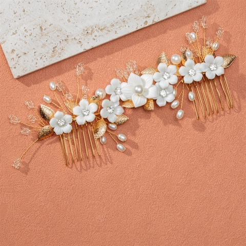 Pettine per Capelli da Sposa Fatto a Mano Fiore di Ceramica Oro Argento Foglia Perla Artificial Strass Copricapo da Sposa Accessori per Capelli Cinesi