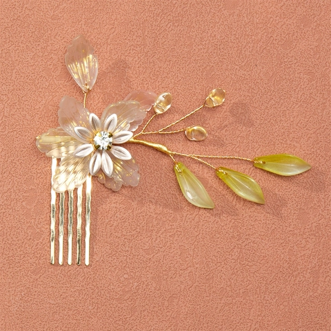 Pettine per Capelli Fatto a Mano con Fiori e Foglie Vintage Resina Strass Künstliche Perle Sintetiche Sposa Matrimonio Hanfu Gioielli