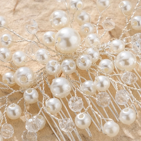 Elegante Pettine per Capelli da Sposa Fatto a Mano Filo di Metallo Argento Künstliche Perle Cristallo Vite di Fiori Accessorio per Capelli