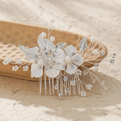 Pettine per Capelli da Sposa Fatto a Mano Fiore Lega d'Argento Strass Perla Artificial Copricapo Matrimonio Elegante Gioielli per Donna