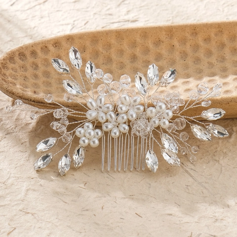 Pettine per Capelli Sposa Fatto a Mano con Künstliche Perle e Strass Forcina per Capelli Fiore Foglia Cristallo Accessori per Capelli Donna