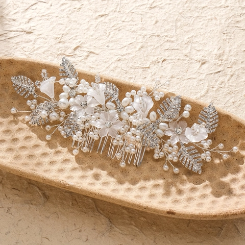 Pettine per Capelli da Sposa Fatto a Mano in Lega Argento Strass Perla Artificiale Fiore Foglia Accessorio Matrimonio