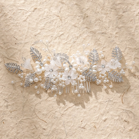 Pettine per Capelli da Sposa Fatto a Mano in Lega Argento Strass Perla Artificiale Fiore Foglia Accessorio Matrimonio