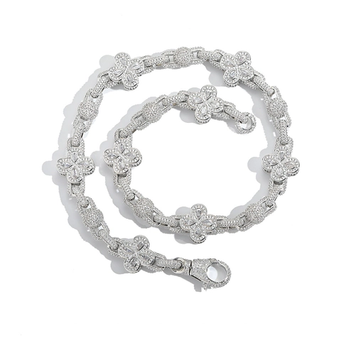 Hip Hop Iced Out Four Leaf Clover Necklace Bracelet Copper Micro Pave Zirconia Gold Silver Plated Jewelry For Men Women