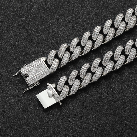 Collana a Maglia Cubana con Zirconia Baguette Hip Hop da 18mm per Uomo Donna Catena in Rame Placcato Oro Argento Gioielli di Moda