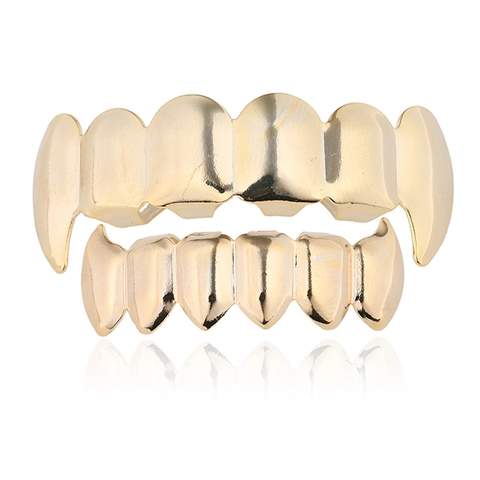 Hip Hop Gold Plated Copper Vampire Fangs Grillz Teeth Set With Edible Fixing Wax Halloween Party Decorative Body Jewelry