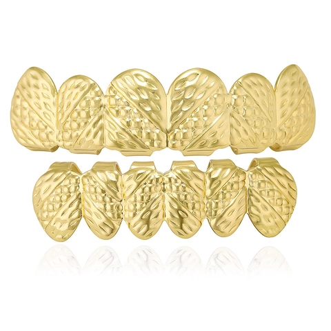 Hip Hop Vergulde Grillz Koperen Tanden Grill Gesneden Kruistextuur Bovenste Onderste Tand Voor Mannen Vrouwen Sieraden