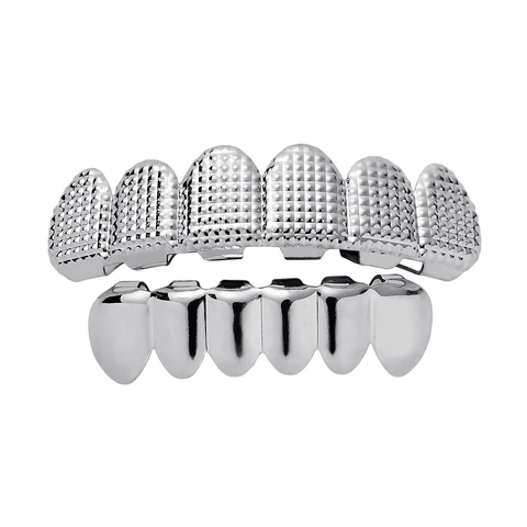 Hip Hop Gold Plated Grillz For Men Women Copper Textured Lattice Teeth Jewelry Fashion Upper And Lower Teeth Grill For Party Rap Jewelry