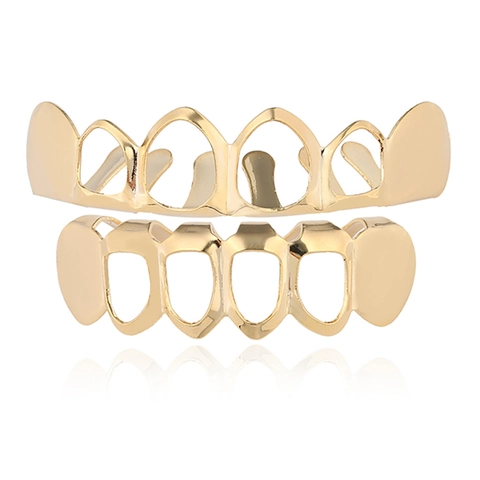 Grillz Dentali Hip Hop Traforati Faccia Liscia Oro Argento Placcato Ottone Set Grillz Uomo Donna Punk Street Gioielli