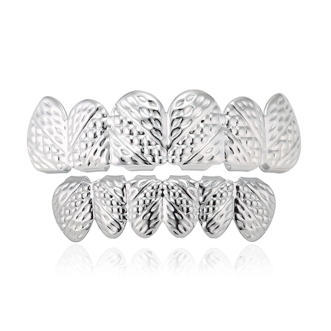 Hip Hop Vergulde Grillz Koperen Tanden Grill Gesneden Kruistextuur Bovenste Onderste Tand Voor Mannen Vrouwen Sieraden