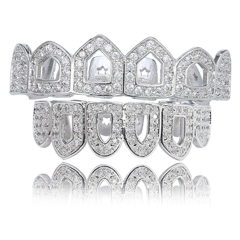 Hip Hop Holle Micro Strass Grillz Set Tanden Goud Zilver Verguld Mond Sieraden Voor Halloween Feest Unisex Accessoire
