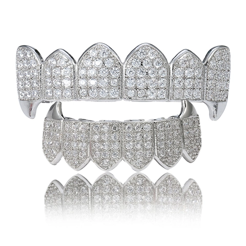 Hip Hop Iced Out Grillz Set Alloy Micro Pave Zirconia Teeth Grills With Vampire Fangs Vampire Teeth Jewelry For Men Women Party