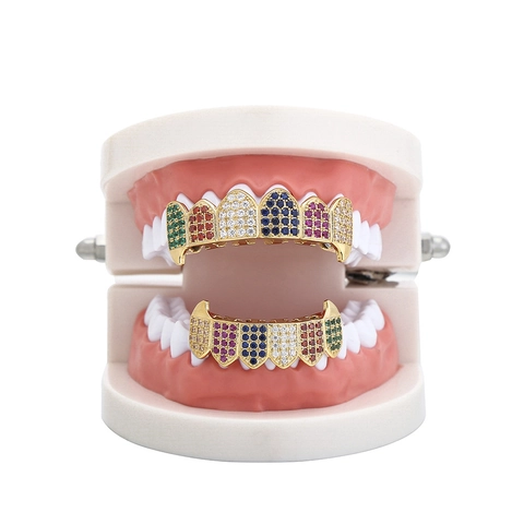 Hip Hop Grillz Top And Bottom Teeth Set Gold Plated Copper Micro Paved Colorful Zirconia Vampire Fangs Fashion Jewelry