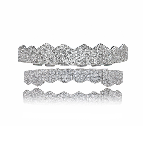 Hip Hop Iced Out Micro Pave Zirconia Koperen Tandgrillz Goud Zilver Verguld Lichaamssieraden Voor Mannen Vrouwen