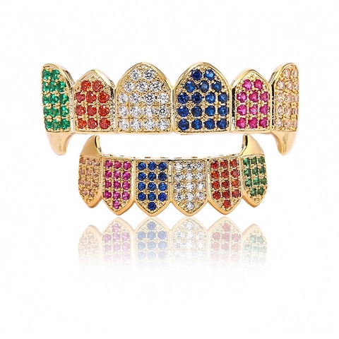 Hip Hop Grillz Top And Bottom Teeth Set Gold Plated Copper Micro Paved Colorful Zirconia Vampire Fangs Fashion Jewelry