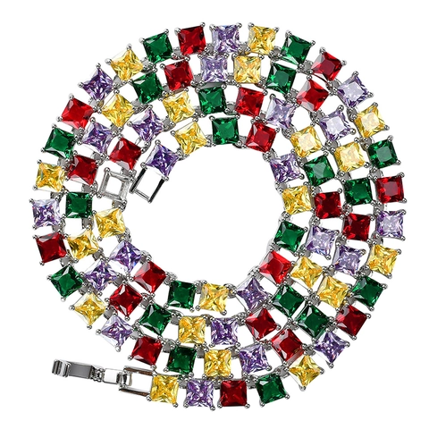 Hip Hop Colorful Square Zirconia Tennis Chain Necklace Copper Gold Silver Plated Luxury Rainbow Jewelry For Men Women