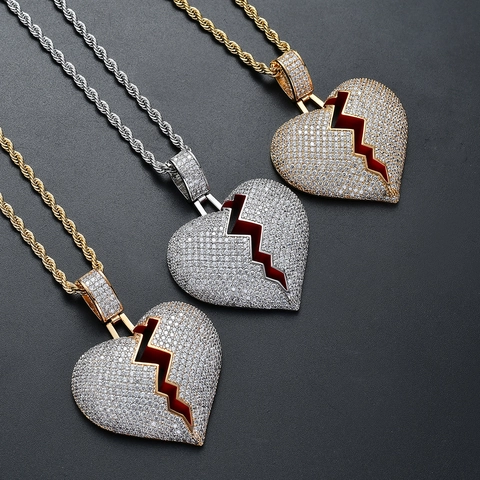 Hip Hop Gebrochenes Herz Anhänger Halskette Kupfer Mikro Eingelegt Zirkonia Iced Out Anhänger Mit Edelstahl Seilkette Schmuck Geschenk